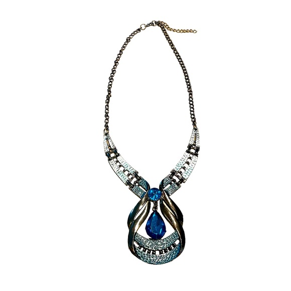 Stunning Teardrop Metal Encased Brilliant Blue Gemstone Pendant Necklace - Picture 5 of 5